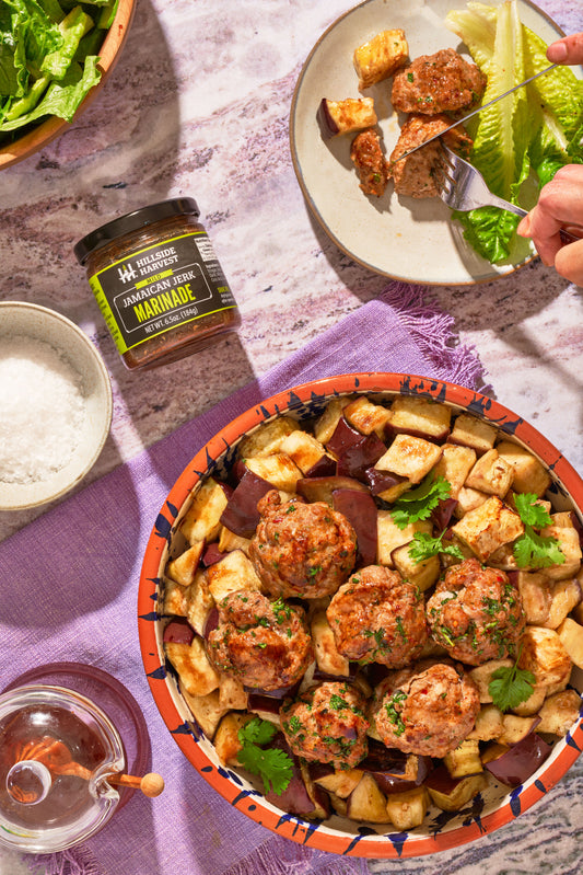 Hillside Harvest Jamaican Jerk Roasted Meatballs & Eggplant